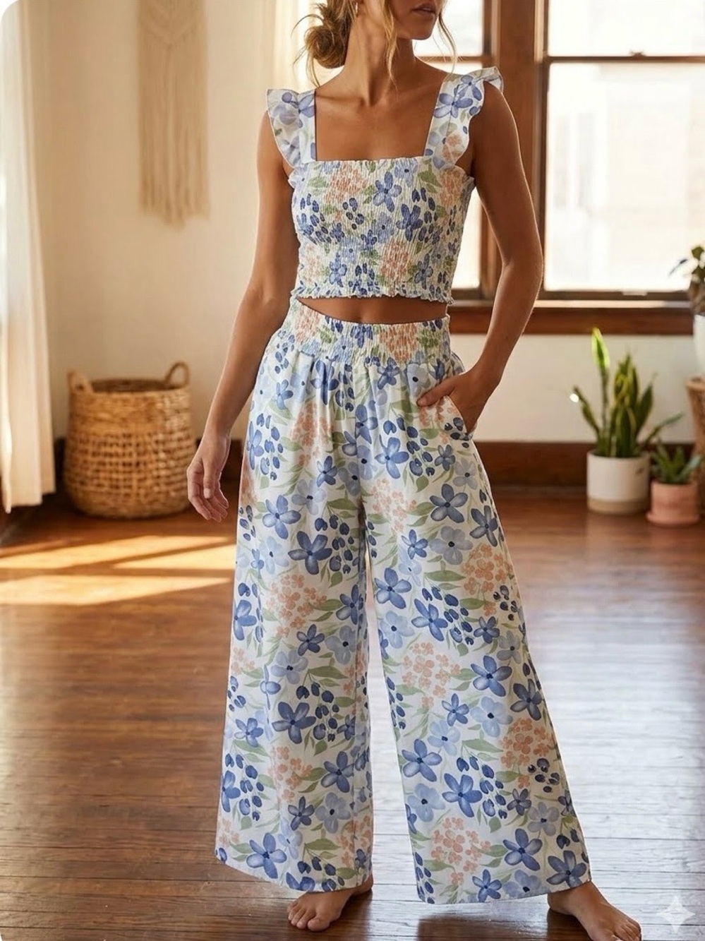 ZA Floral Smocked Crop Top & Wide Leg Pants Set - Blue size S/M